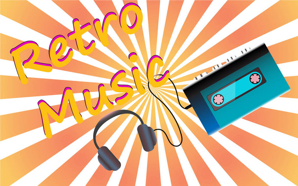 Um cartaz de um velho vintage retro hipster filme música primeiro jogador para ouvir cassetes de áudio contra um pano de fundo de raios de sol circulares abstratos. Ilustração vetorial
 - Vetor, Imagem