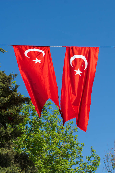 Turkish national flag hang in view in open air - Photo, Image