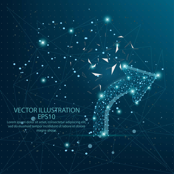 Turn right arrow form mesh line and composition digitally drawn starry sky or space in the form of broken a part triangle shape and scattered dots low poly wire frame on blue background. - Vecteur, image