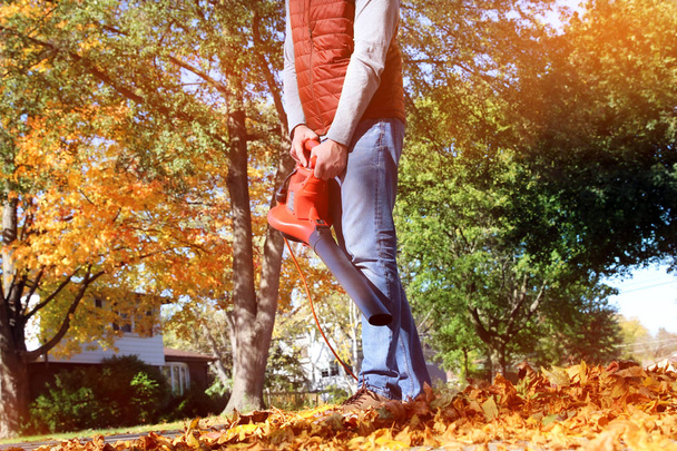 Ο άνθρωπος που εργάζονται με φυσητήρας φύλλων: τα φύλλα να στροβιλίζονται πάνω και κάτω σε μια ηλιόλουστη ημέρα - Φωτογραφία, εικόνα