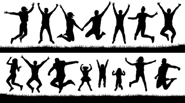 Gente feliz saltando, conjunto de siluetas. Animando a los niños pequeños, audiencia. Rebotar trampolín. Ilustración vectorial aislada
 - Vector, Imagen