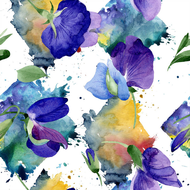 Watercolor purple sweet pea flower. Floral botanical flower. Seamless background pattern. Fabric wallpaper print texture. Aquarelle wildflower for background, texture, wrapper pattern, frame. - Photo, Image