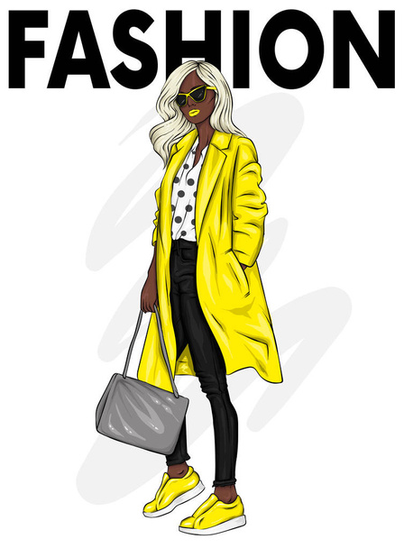Beautiful, tall and slender girl in a stylish coat, trousers, glasses, with glasses. Stylish woman in high-heeled shoes. Fashion & Style. Vector illustration. - Vector, Image