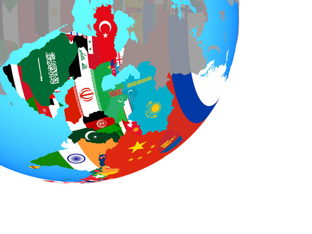 Ασία με ενσωματωμένο εθνική σημαία σε μπλε πολιτική σφαίρα. 3D απεικόνιση. - Φωτογραφία, εικόνα
