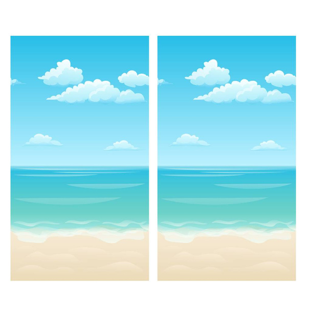 Varratmentes háttérben a felhők az ég, a tenger és a homokos parton. Vektor rajzfilm közeli illusztrációs. - Vektor, kép