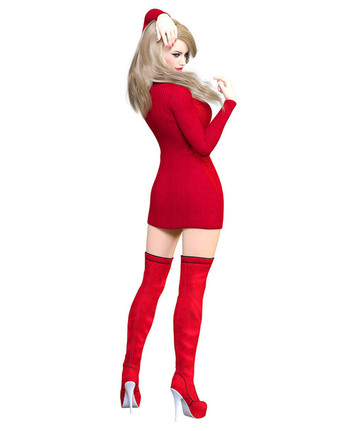 3D beautiful blonde short red knitted tunic dress long boots.Spring-autumn collection clothes.Bright makeup.Woman studio photography.Conceptual fashion art.Seductive candid pose.Render illustration. - Photo, image