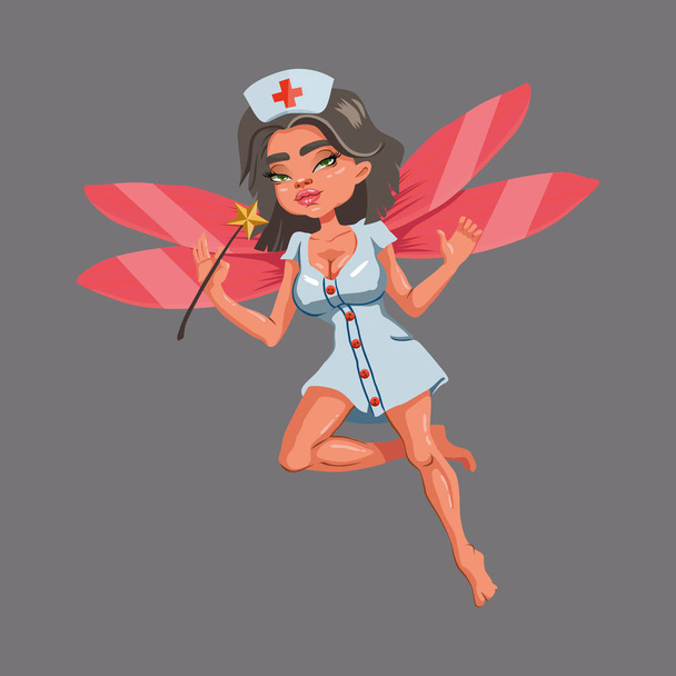 Beautiful fairy nurse holding a magic wand. Magic character. Medicine. Vector flat illustration - Vector, Image