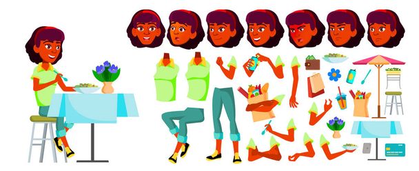 Teen Girl Vector. Set creazione animazione. Emozioni facciali, gesti. Indiano, indù. Asiatica. Emozionale, Pose. Animato. Per cartolina, copertina, design Placard. Illustrazione isolata del fumetto
 - Vettoriali, immagini