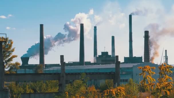 Industriële, metallurgische fabriek in de stad werken op volle kracht. Rook uit leidingen. - Video