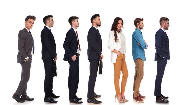 businessmen and businesswoman waiting in line for job interview while standing on white background, full body picture - Photo, Image