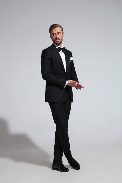elegant man in tuxedo rubbing his palms together and looks to side on grey background - Photo, Image