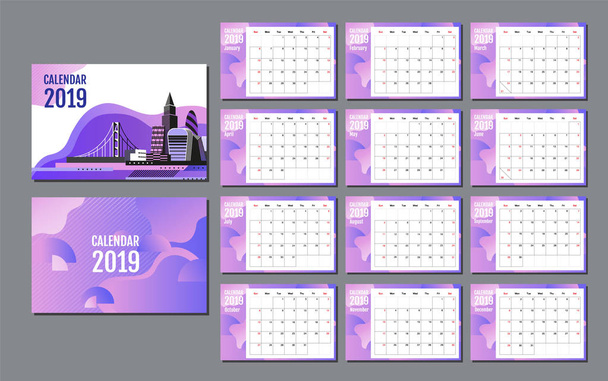 Calendario de escritorio 2019. plantilla de diseño, informe anual, planificador, vector de diseño plano
. - Vector, Imagen