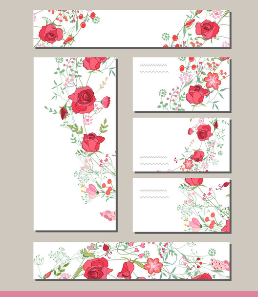 Floral spring templates with cute bunches of red roses.For romantic and easter design, announcements, greeting cards, posters, advertisement. - Vektor, kép