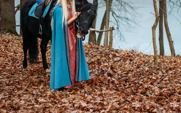 a girl in a pink vintage dress, with long hair, a blonde in a blue, old-fashioned cape, stands beside a horse, took her by the bridle. autumn forest.thrones - Foto, imagen
