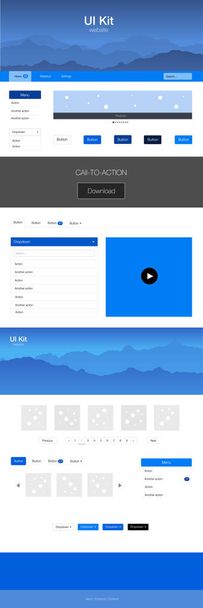 Dark BLUE vector design ui kit with landscape. Modern Style guide with colorful gradient mountains in its header. Beautiful layout for websites, landing pages. - Vector, Image