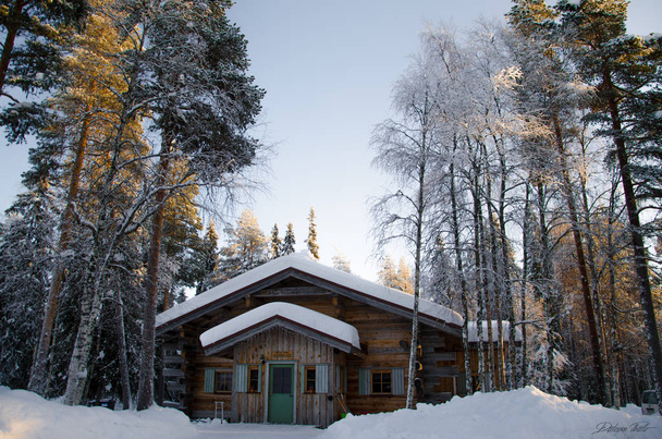 Huis van de hut of cabine in de sneeuw op wintter - Foto, afbeelding