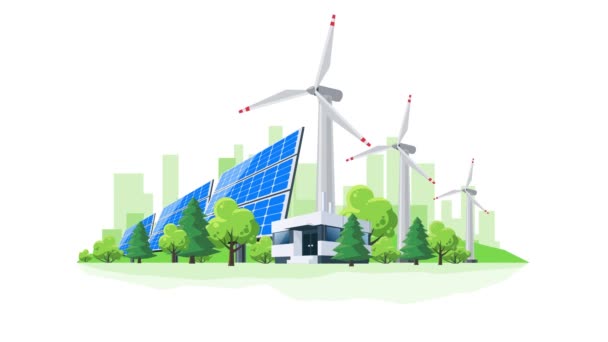 Simple motion loopable 4K flat cartoon animation of wind turbines and solar panels in front of the city skyline office buildings. Sustainable renewable eco green energy supply city theme. - Footage, Video
