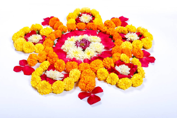 Marigold Flower rangoli Design for Diwali Festival , Indian Festival flower decoration - Photo, Image