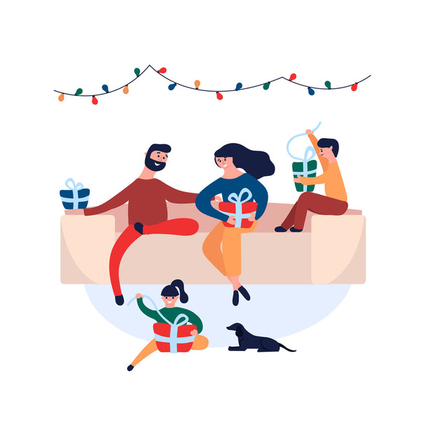 Onnellinen perhe antaa toisilleen joululahjoja kotona sohvalla. Hymyilevä äiti isä poika ja tytär koiran kanssa juhlii joulua kotona. Vektori kuva sarjakuva tasainen tyyli
 - Vektori, kuva