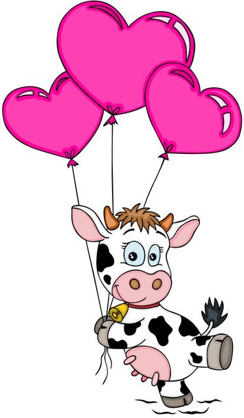 Vaca feliz volando con globos
 - Vector, Imagen