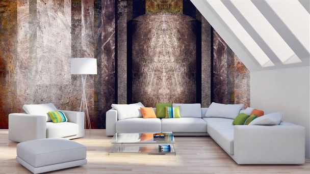 μεγάλα πολυτελή μοντέρνα φωτεινούς εσωτερικούς χώρους διαμέρισμα σαλόνι απεικόνιση 3d rendering υπολογιστή δημιουργούνται εικόνας - Φωτογραφία, εικόνα