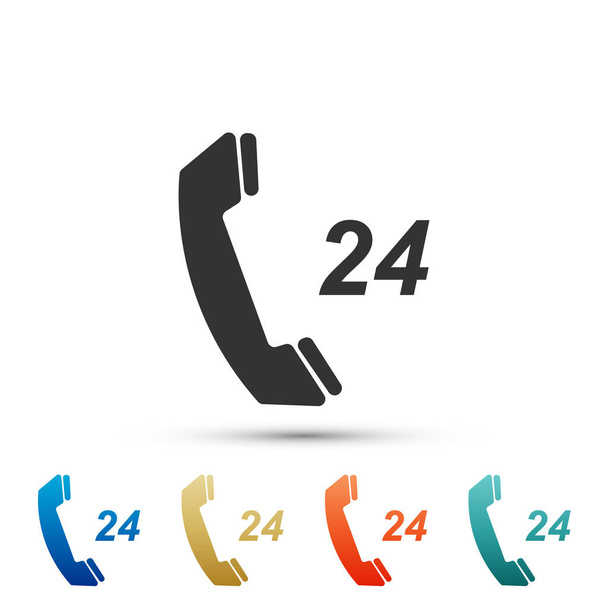 24 ώρες υποστήριξη εικονίδιο τηλεφώνου απομονώνονται σε λευκό φόντο. Ολοήμερη υποστήριξη τηλεφωνικού κέντρου εξυπηρέτησης πελατών. Ορίστε στοιχεία σε χρωματιστές εικόνες. Επίπεδη σχεδίαση. Εικονογράφηση διάνυσμα - Διάνυσμα, εικόνα