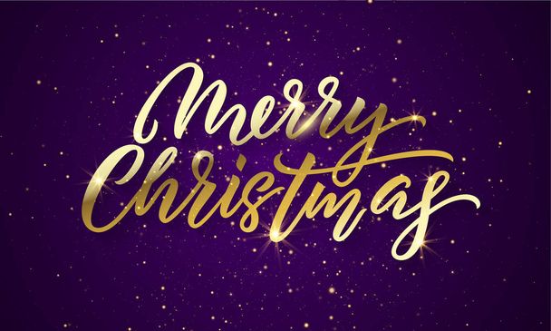 Christmas golden light sparkles, Xmas golden glitter confetti. Merry Christmas gold calligraphy lettering with sparkling stars on purple glittering background - Vector, Image