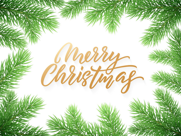 Tarjeta de texto de Navidad dorada sobre fondo blanco con ramas de árboles de Navidad verdes. Texto de Navidad de oro
 - Vector, Imagen