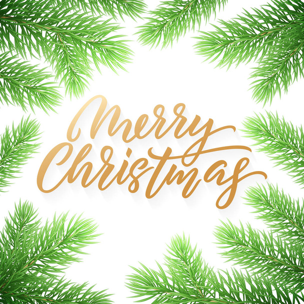 Gold Christmas text card on white background with green Christmas trees branches. Golden xmas text - Vecteur, image