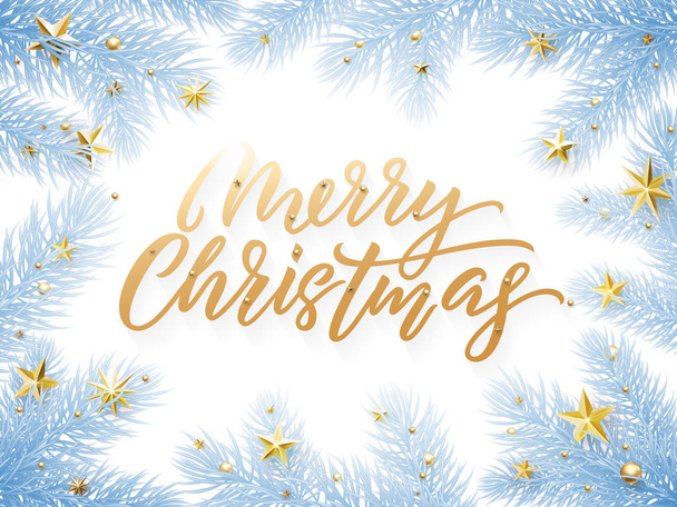 Złota karta tekst Boże Narodzenie na białym tle z zasypani blue Christmas drzew gałęzie. Złote xmas dekoracji tekstu - Wektor, obraz