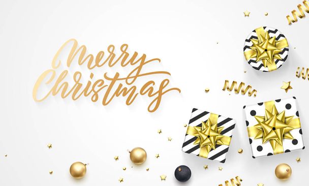 Merry Christmas gold background template of golden decoration and hand drawn calligraphy font. Vector gift golden ribbon bow or gold confetti for Christmas party white greeting card - Vektor, obrázek