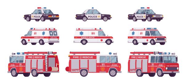 Police car, ambulance, fire truck set - Vector, Image