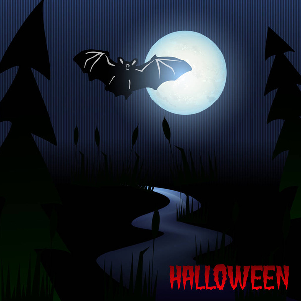 Hátborzongató éjszakai erdő, denevér és a telihold. Halloween illusztráció. - Vektor, kép