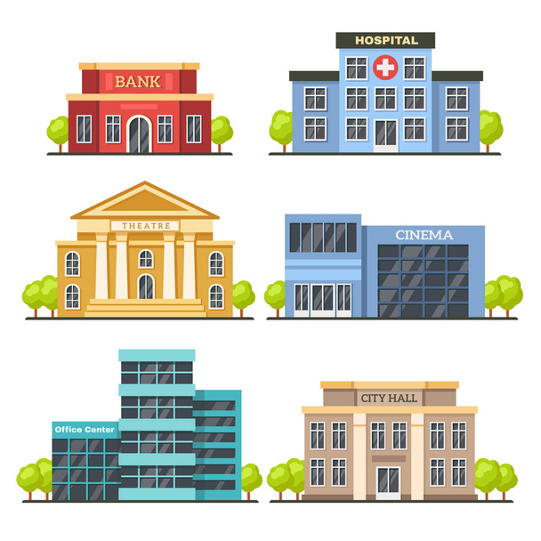 Flat city buildings. Contemporary office center, hospital facade and city hall building. Modern theater and cinema vector illustration - Vector, imagen