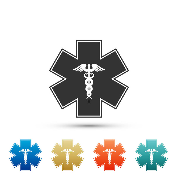 Estrela de emergência - símbolo médico Caduceus cobra com ícone de pau isolado no fundo branco. Estrela da Vida. Definir elementos em ícones coloridos. Design plano. Ilustração vetorial
 - Vetor, Imagem