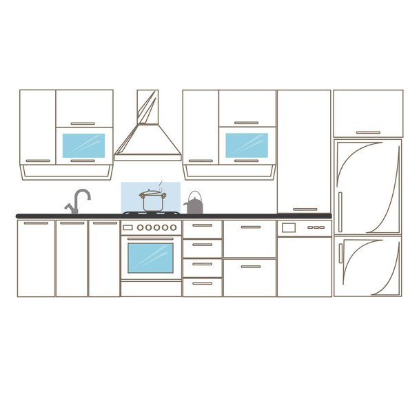 Mutfak iç skeçler çizim ön görünüm verir. Kontur vektör çizim Mutfak mobilya ve ekipmanları. Dolap, raf, bulaşık makinesi, fridge.eps 10 - Vektör, Görsel