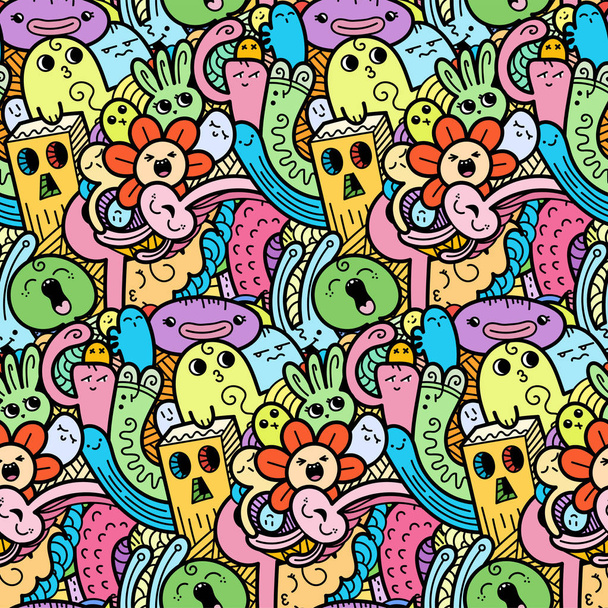 Patrón divertido doodle monstruos sin costura para impresiones, diseños y libros para colorear
 - Vector, Imagen