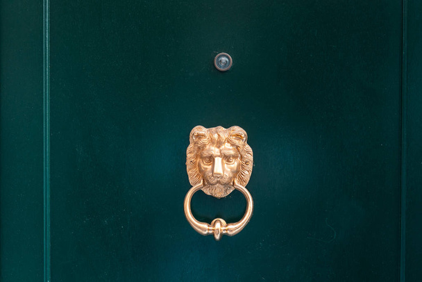 Pomo decorativo de la puerta de la cabeza del león dorado, vista cercana
. - Foto, imagen