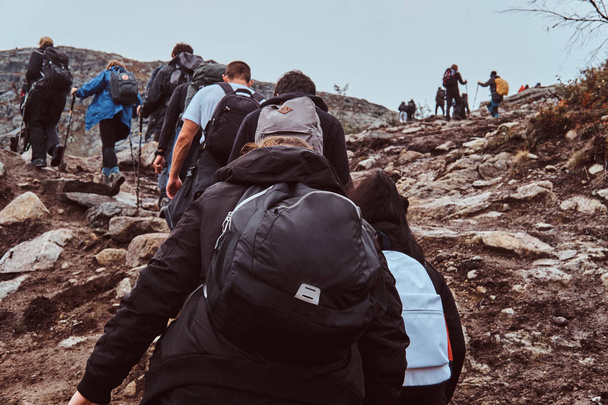 Grupa turystów z plecakami, śledzenie w górach. - Zdjęcie, obraz