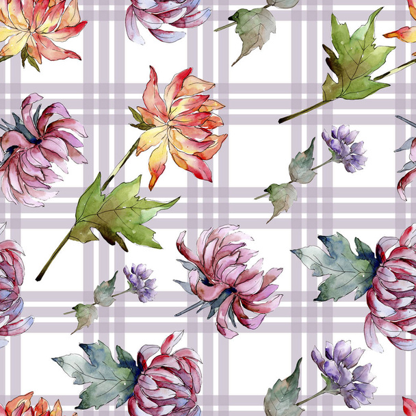 Watercolor colorful aster flower. Floral botanical flower. Seamless background pattern. Fabric wallpaper print texture. Aquarelle wildflower for background, texture, wrapper pattern, frame or border. - Photo, Image