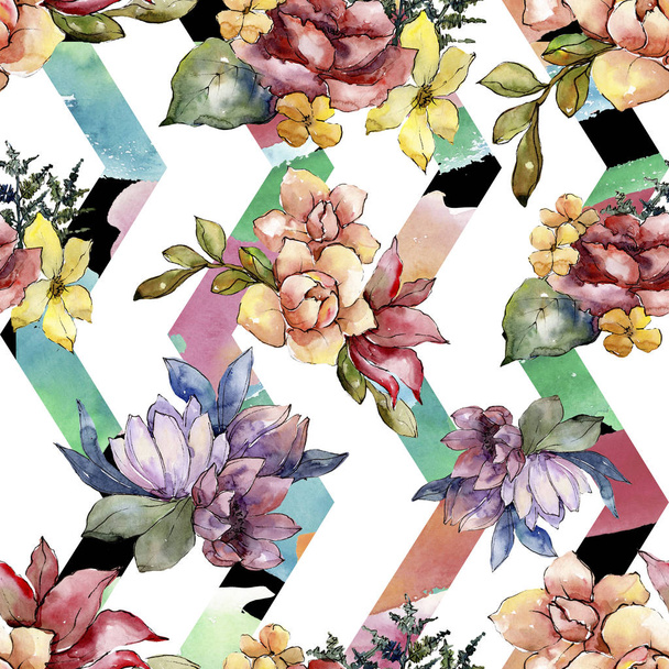 Watercolor colorful bouquet flower. Floral botanical flower. Seamless background pattern. Fabric wallpaper print texture. Aquarelle wildflower for background, texture, wrapper pattern, frame. - 写真・画像