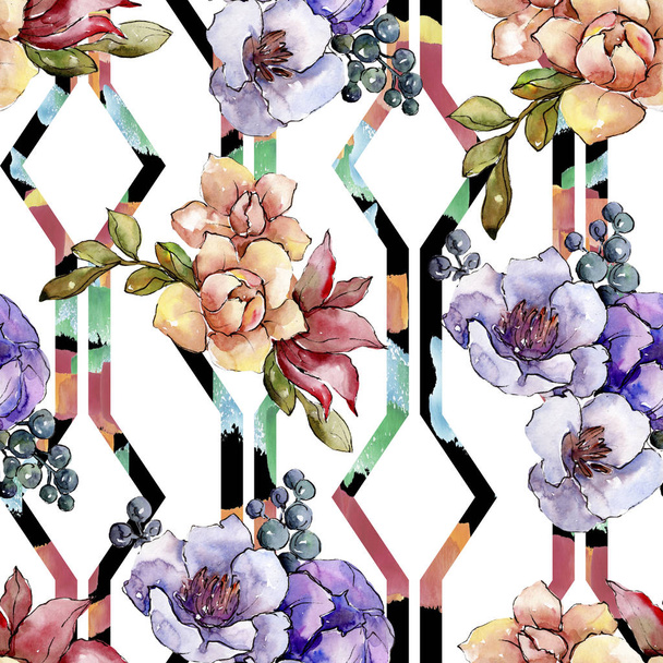Watercolor colorful bouquet flower. Floral botanical flower. Seamless background pattern. Fabric wallpaper print texture. Aquarelle wildflower for background, texture, wrapper pattern, frame. - Foto, Bild