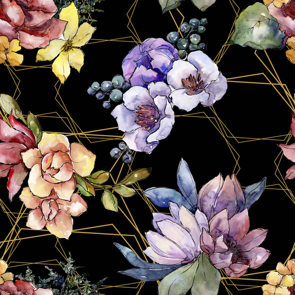 Akvarell színes csokor virág. Virágos botanikai virág. Varratmentes háttérben minta. Szövet nyomtatási textúrát. Az Aquarelle vadvirág, a háttér, a textúra, a burkoló minta, a keret. - Fotó, kép