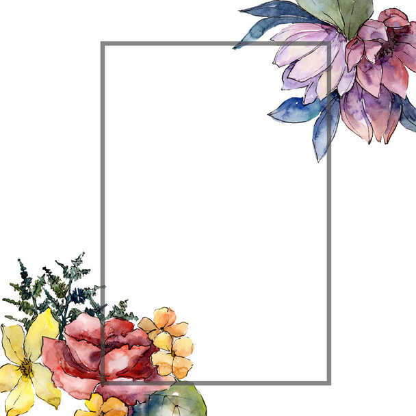 Květinový akvarel barevné kytice. Květinové botanické květin. Frame hranice ozdoba náměstí. Aquarelle wildflower pro pozadí, textura, souhrnný vzorek, rám nebo hranice. - Fotografie, Obrázek