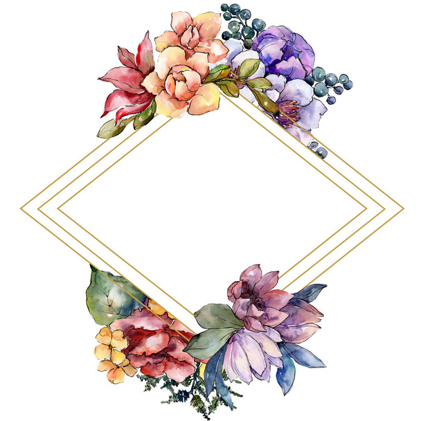 Watercolor colorful bouquet flower. Floral botanical flower. Frame border ornament square. Aquarelle wildflower for background, texture, wrapper pattern, frame or border. - Photo, Image