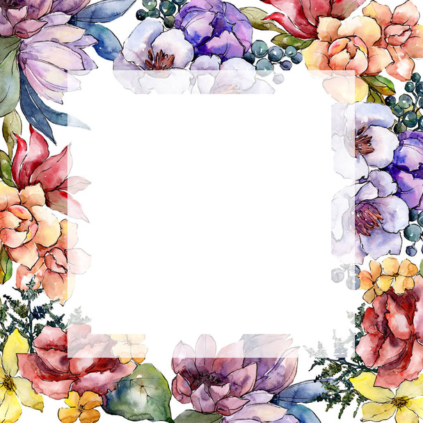 Watercolor colorful bouquet flower. Floral botanical flower. Frame border ornament square. Aquarelle wildflower for background, texture, wrapper pattern, frame or border. - Foto, afbeelding