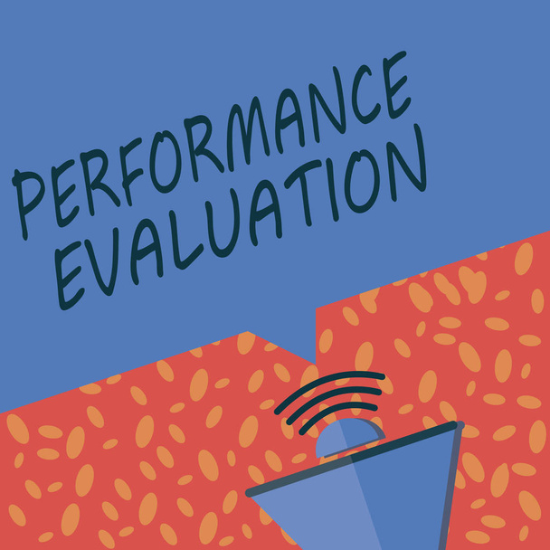 Writing note showing Performance Evaluation. Business photo showcasing Evaluates Employee Performance overall Contribution - Photo, Image
