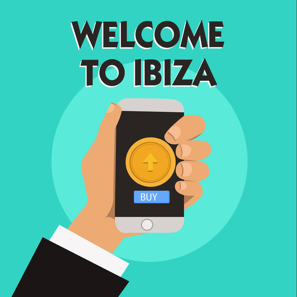 Word pisanie tekstu Zapraszamy do Ibiza. Koncepcja biznesowa dla Serdeczne pozdrowienia z jednym z Baleary Hiszpania - Zdjęcie, obraz