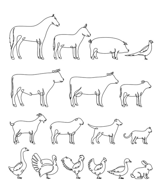 Vector continuous line farm animals silhouettes isolated on white. Livestock and poultry icons for farms, groceries, butchery, dairy products packaging and branding. - Vector, Image