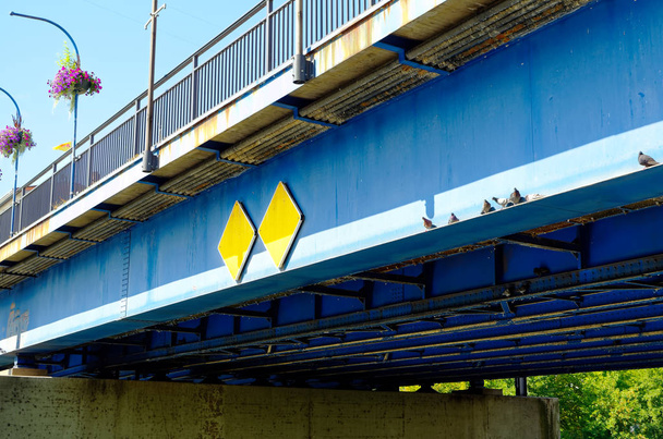Churavějící modré rezavé most pro pěší přes řeku ve městě s holubice a květiny pro ilustraci špatné infrastruktuře v Německu - Fotografie, Obrázek